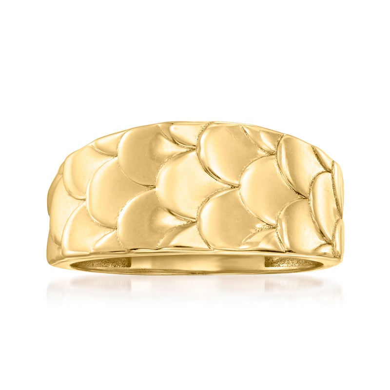 14kt yellow gold mermaid scales ring with curved scalloped band
