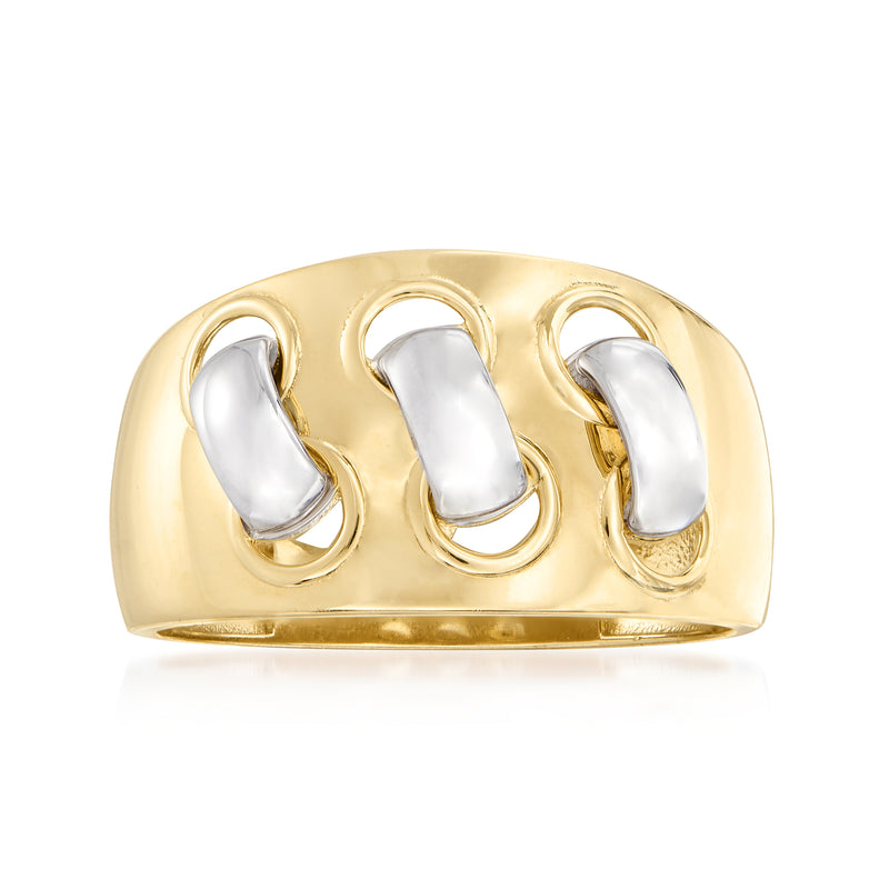 14kt two-tone gold link ring with three polished white oval links on rounded band