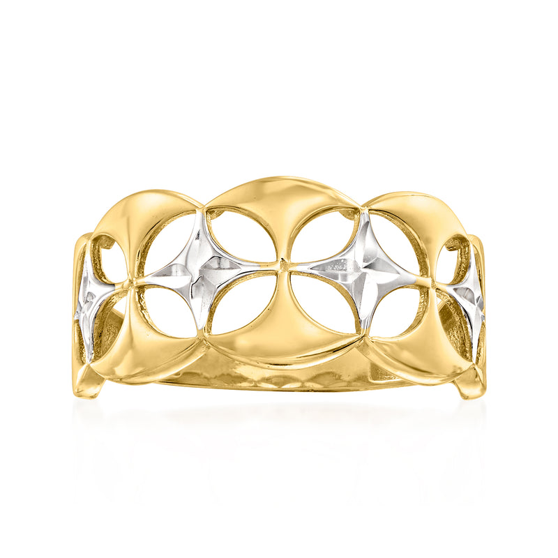 Two-tone gold cut-out ring with openwork scalloped bands