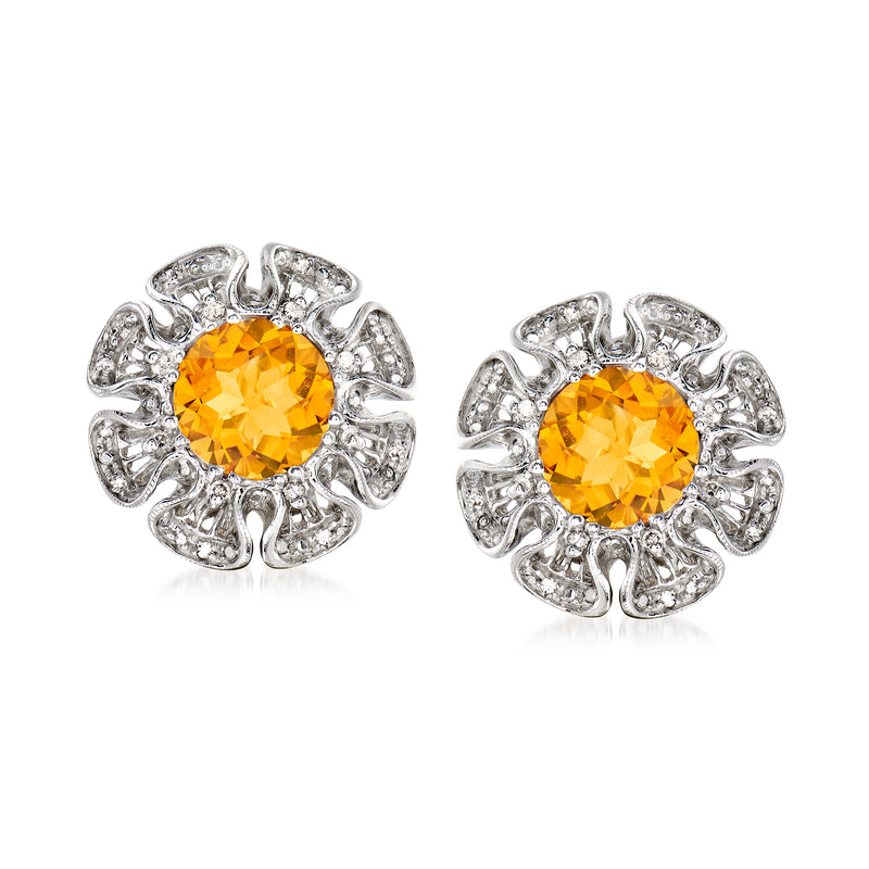 Vintage flower-shaped stud earrings with round orange citrine and diamond accents in white gold