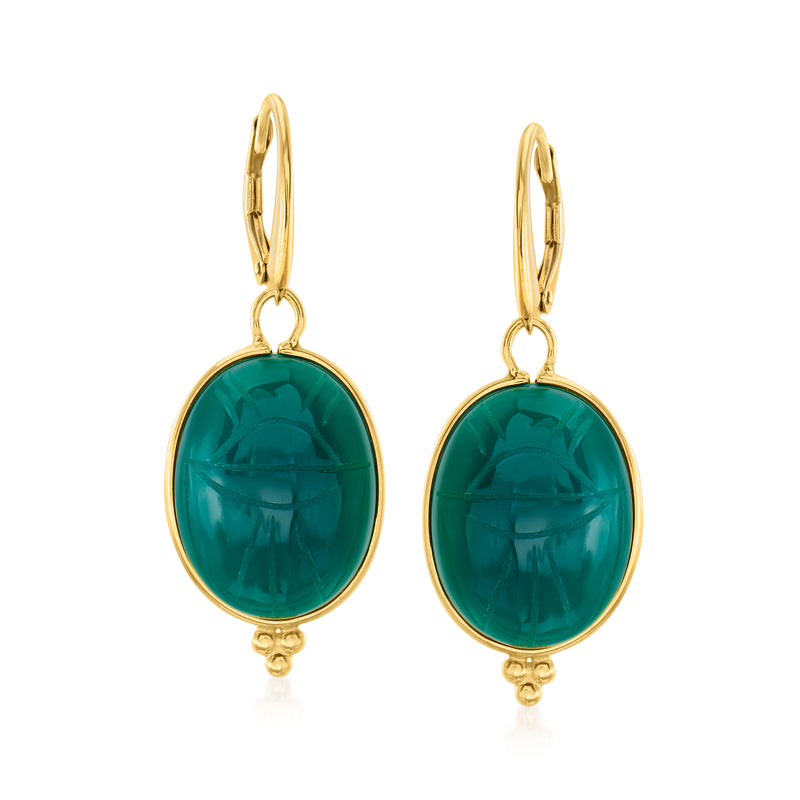 18kt gold over sterling leverback earrings with green oval scarab drop dangles