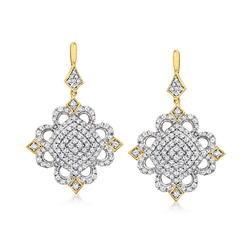 Vintage-inspired diamond drop earrings with filigree design in gold over sterling