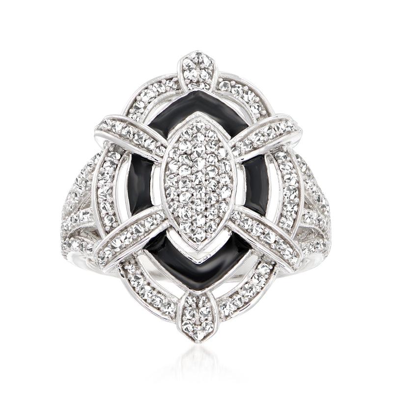 Diamond ring with black enamel in 14kt white gold, oval cluster setting