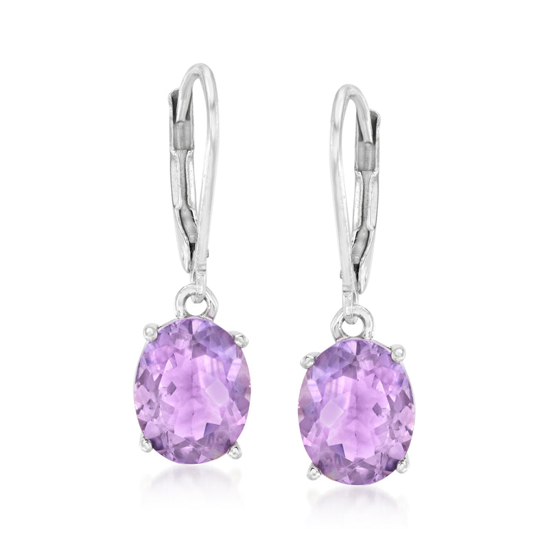 Sterling silver leverback drop earrings with oval amethyst gemstone, faceted