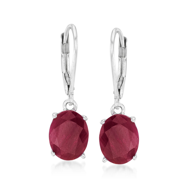 Sterling silver ruby drop earrings with round faceted red gemstone and leverback closure