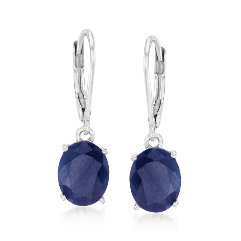 Sterling silver sapphire drop leverback earrings with round faceted deep blue stones