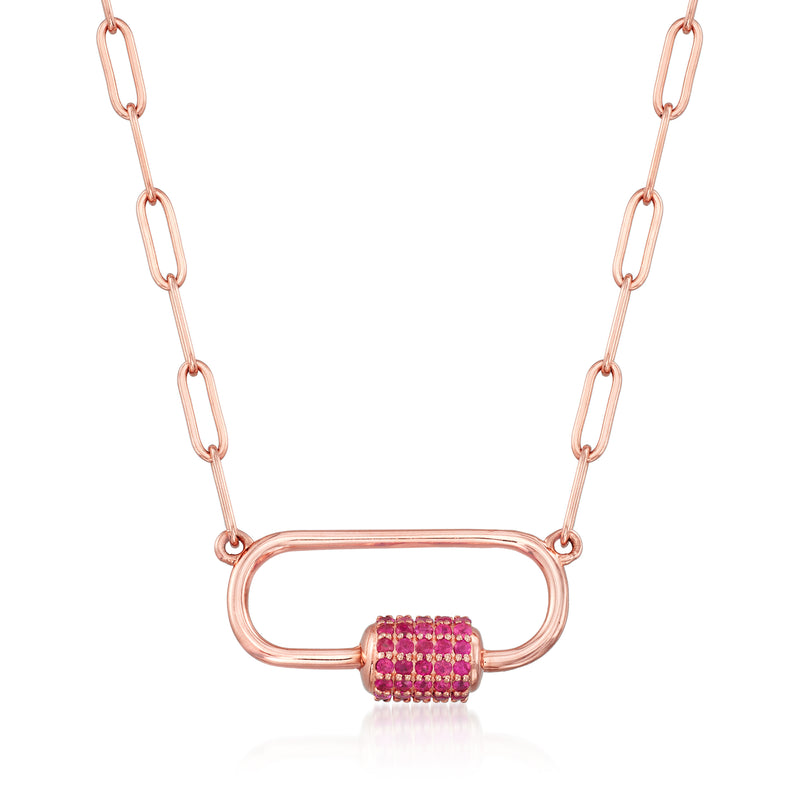 Ruby carabiner-link necklace in rose gold with pavé ruby barrel charm