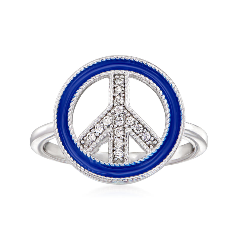 Sterling silver peace sign ring with blue enamel and white topaz