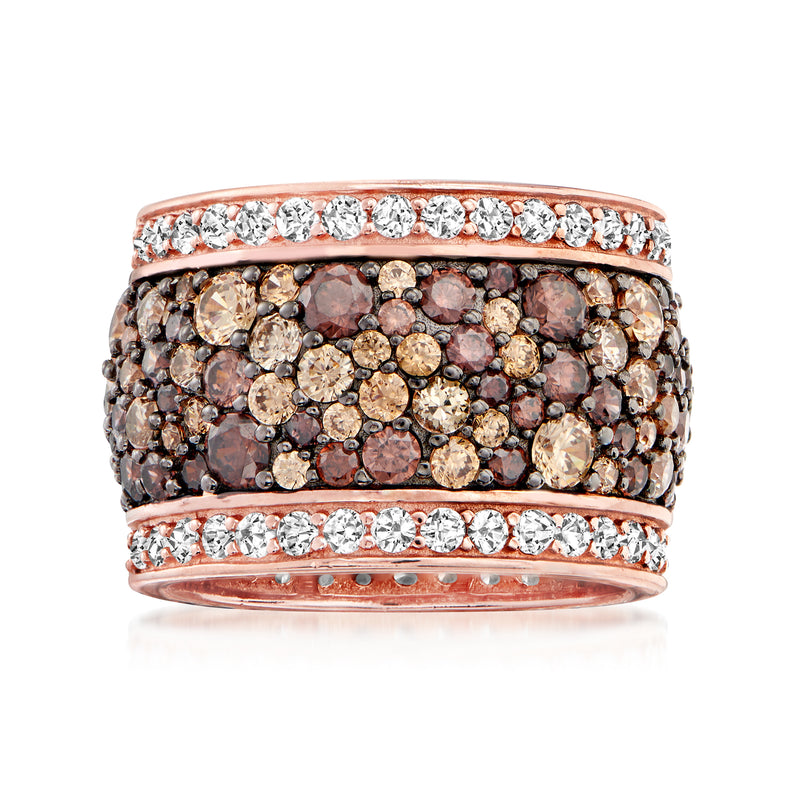 Wide-band rose gold CZ ring with white stones top and bottom, brown multi-row center