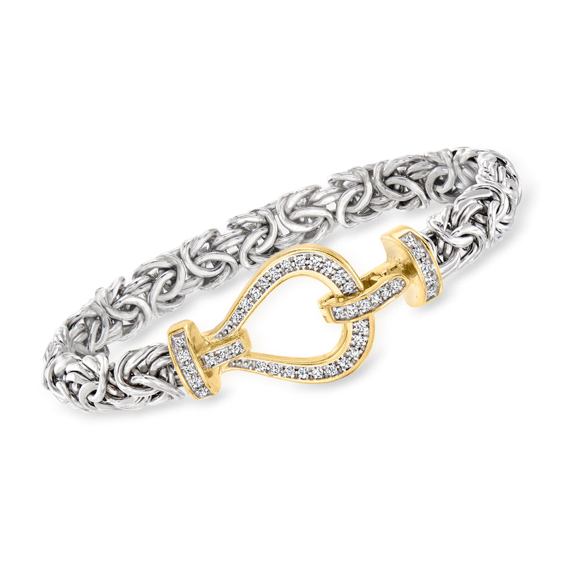 Two-tone sterling silver diamond Byzantine bracelet with heart-shaped pave link clasp