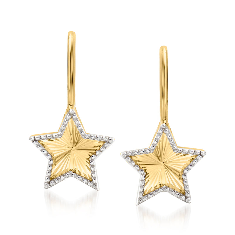 Two-tone 14kt gold star drop earrings with leverback, glittered edge detail