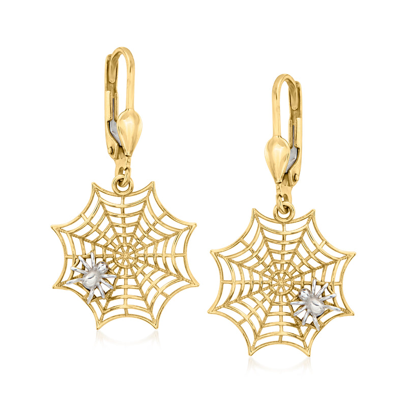 Two-tone gold spiderweb drop earrings with leverback, star and web detail