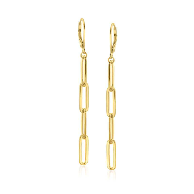 Gold paper-clip link drop earrings with leverback closures, side view