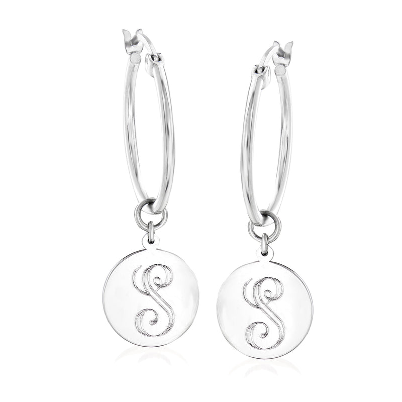 Sterling silver hoop drop earrings with circular S initial charm