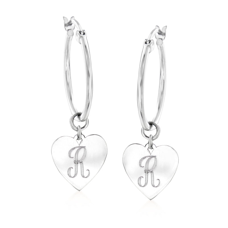 Sterling silver hoop drop earrings with dangling heart charm and engraved monogram