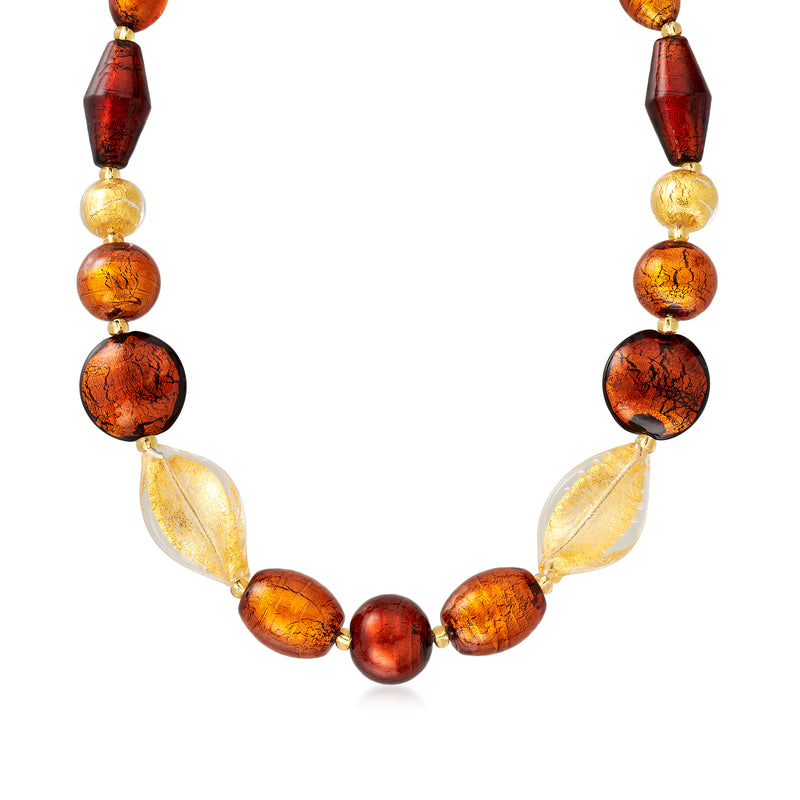 Murano glass bead necklace with red-brown and gold leaf beads, gold-toned spacers