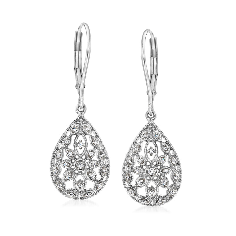 Sterling silver teardrop leverback earrings with openwork diamond-style filigree