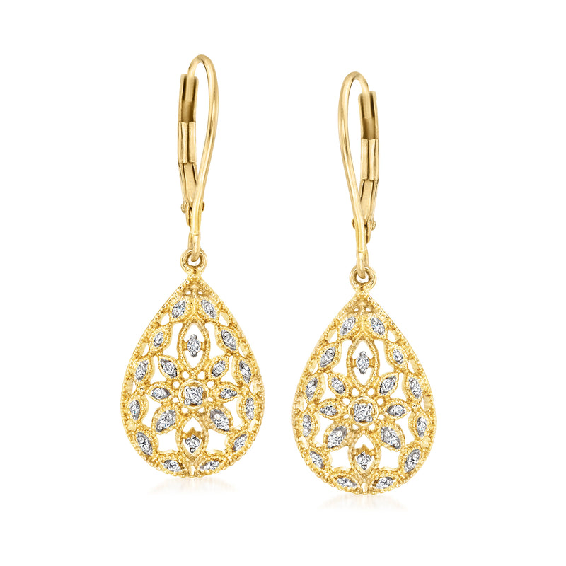 Gold teardrop openwork diamond earrings with leverback backs, 18kt gold over sterling