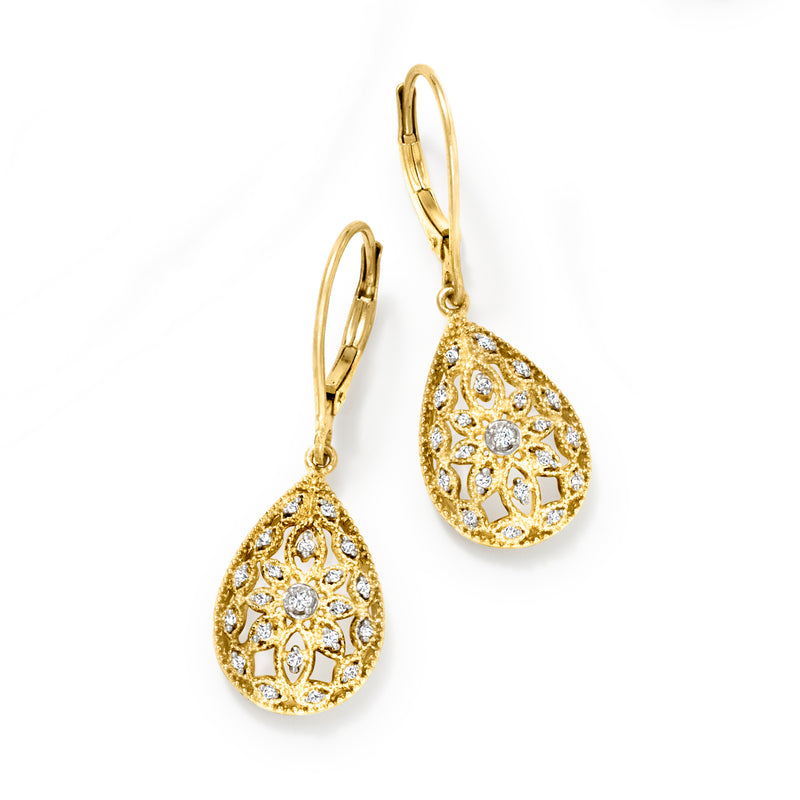 Pair of gold teardrop openwork diamond earrings with leverback closures, dangling drop design
