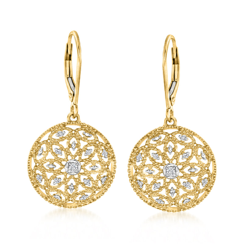 Gold round filigree drop earrings with openwork floral pattern and clear center stones