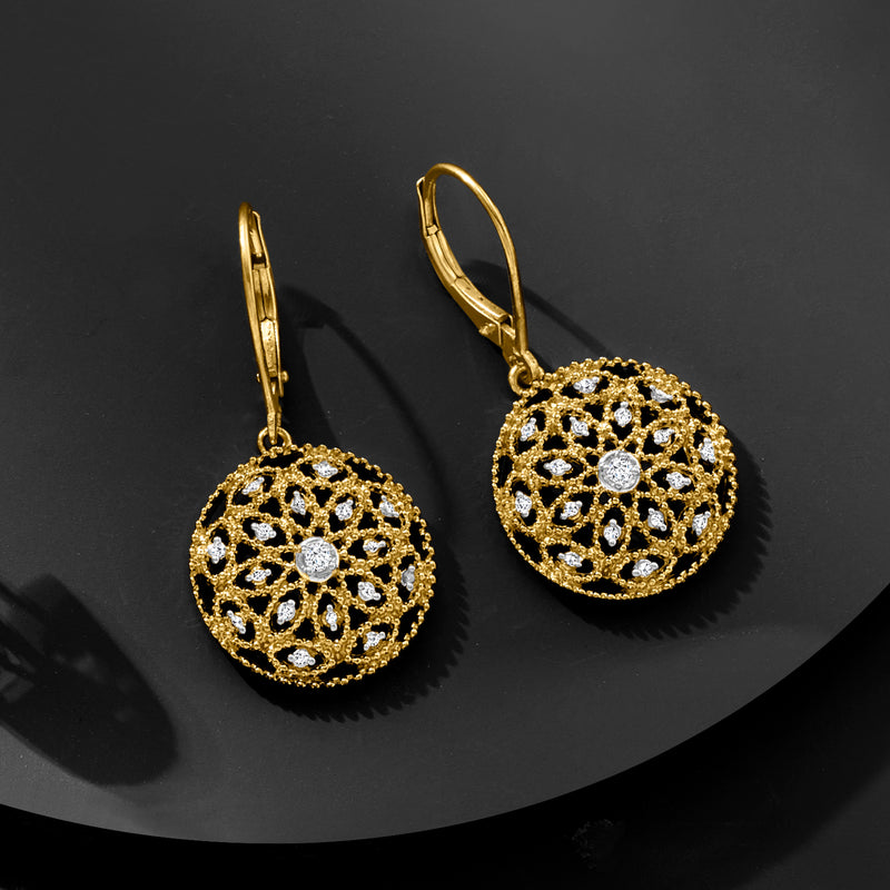 Gold openwork floral circle drop earrings with leverback closures and central stone