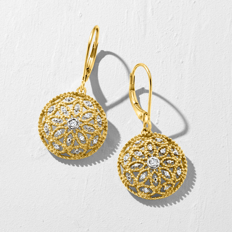 Gold floral openwork circle drop earrings, hanging with leverback hooks