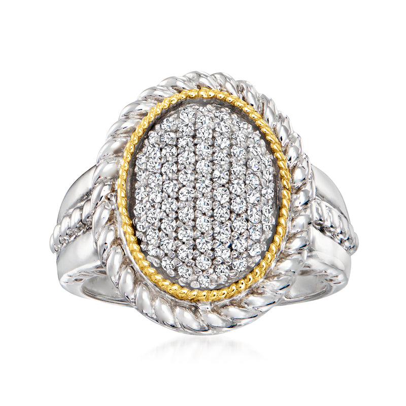 Pave diamond ring in sterling silver with 14kt yellow gold oval frame