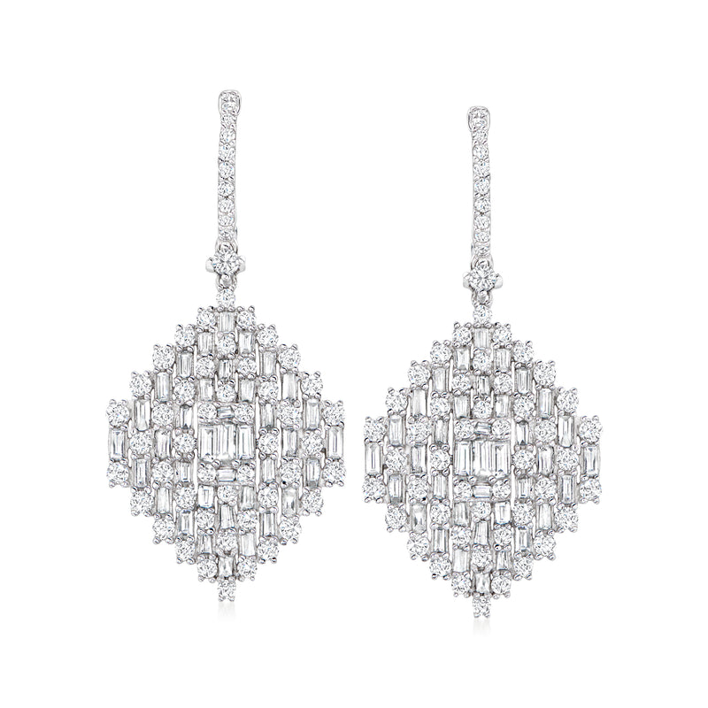 Geometric diamond drop earrings in 14kt white gold, chandelier-style with baguette stones