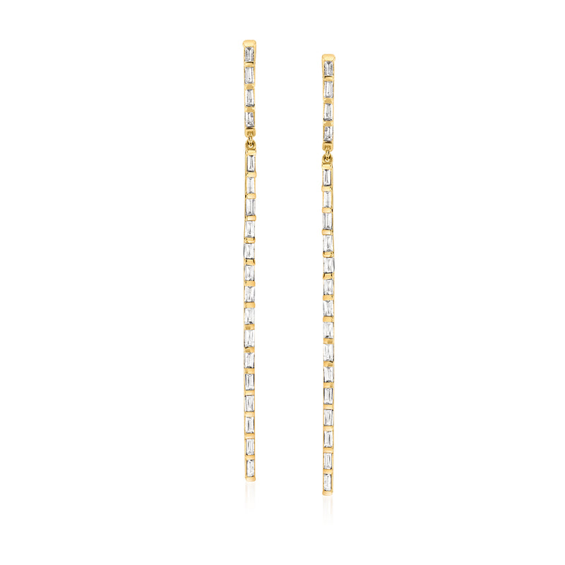 14kt yellow gold linear baguette diamond drop hoop earrings, vertical baguette bars