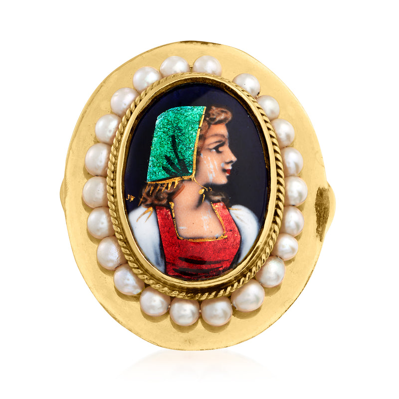 Vintage portrait ring in 14kt yellow gold with cultured pearls and painted oval cameo