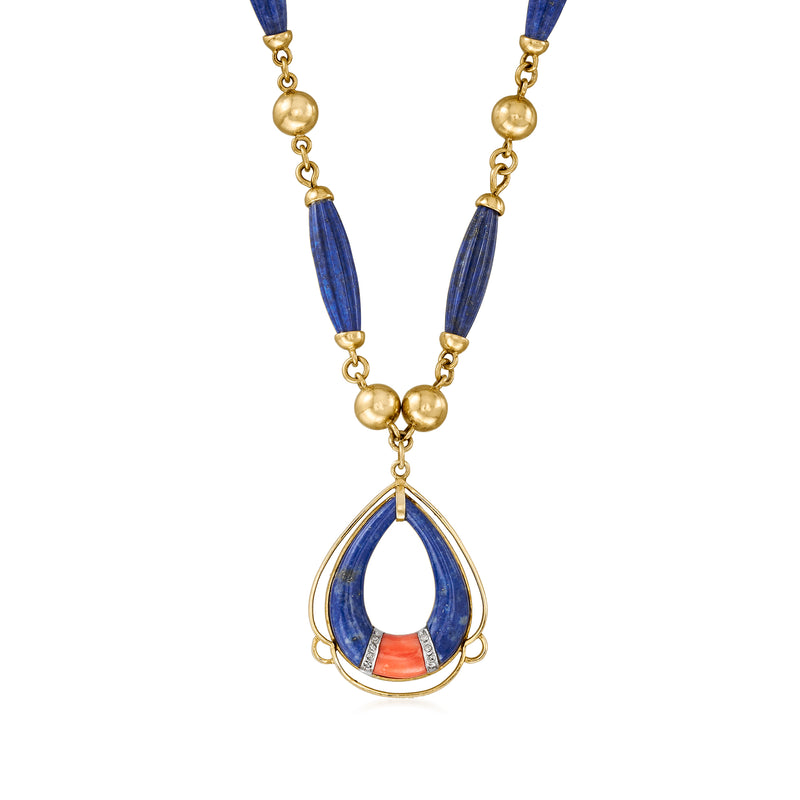 Vintage lapis and coral necklace with diamond accents, 14kt/18kt yellow gold teardrop pendant