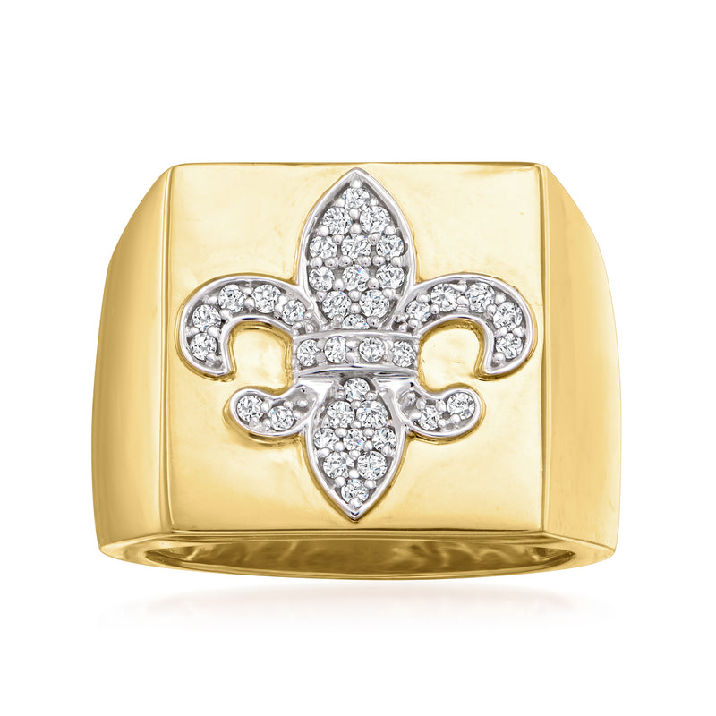 18k gold over sterling diamond fleur-de-lis ring with round stone center