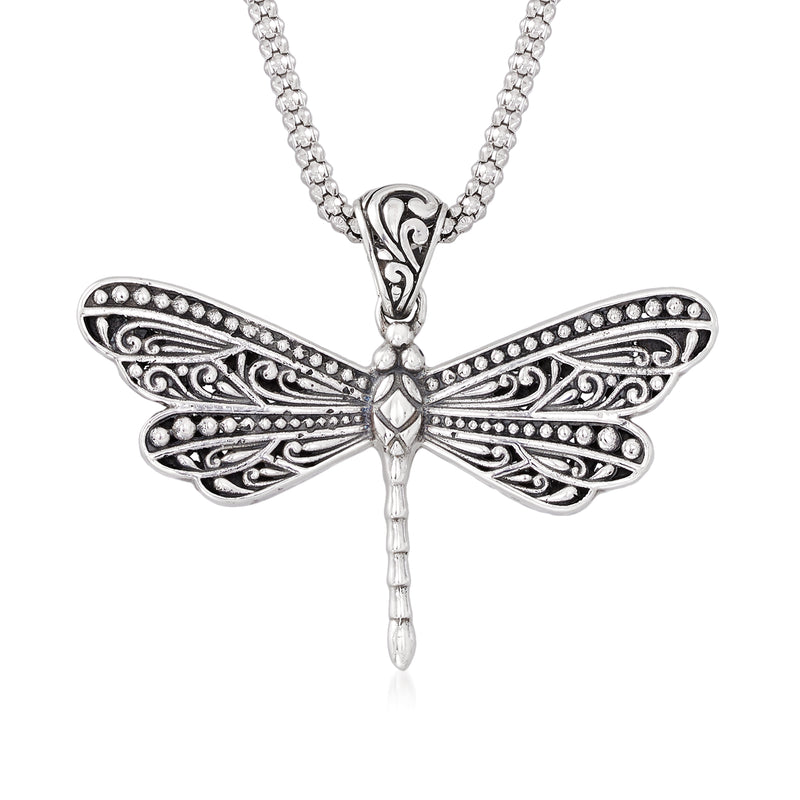 Sterling silver dragonfly pendant necklace with filigree wings and dangling teardrop charm