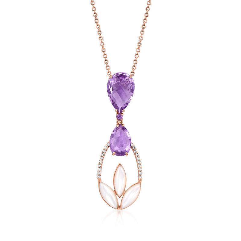 Vintage amethyst and mother-of-pearl pendant necklace in rose gold with diamond accents
