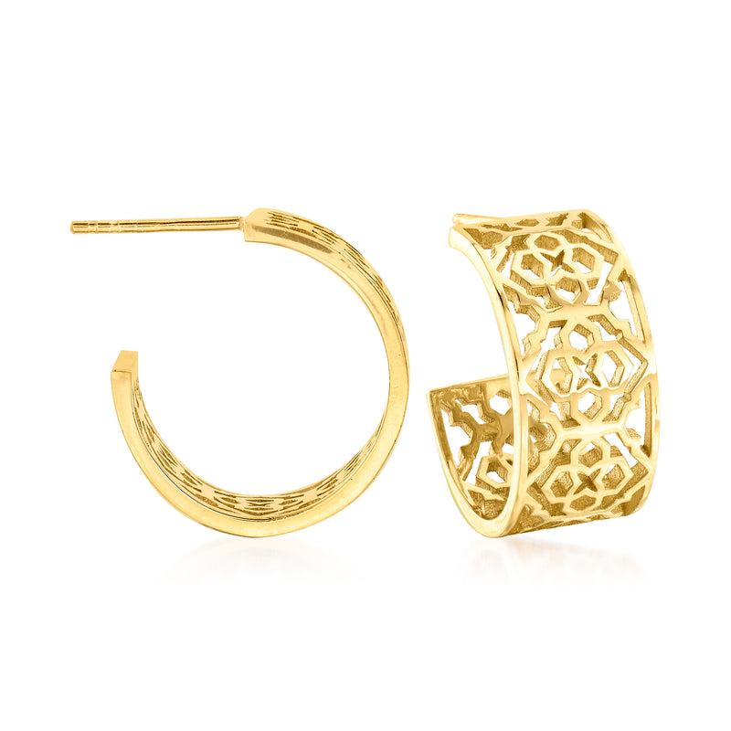 Gold over sterling hoop earrings: one plain, one lattice-patterned cuff hoop