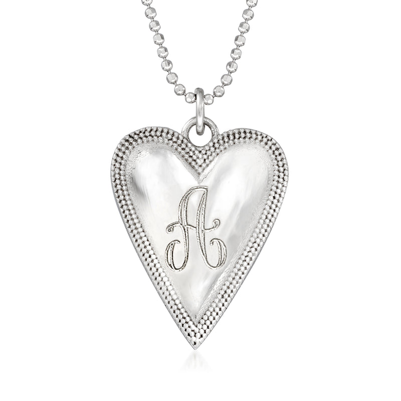 Sterling silver heart pendant necklace with beaded chain and engraved monogram design