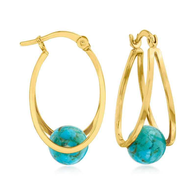 18kt gold-plated double-hoop earrings with turquoise bead drop