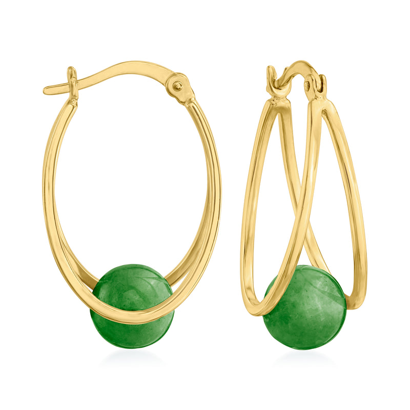 Gold double-hoop earrings with green jade bead drops