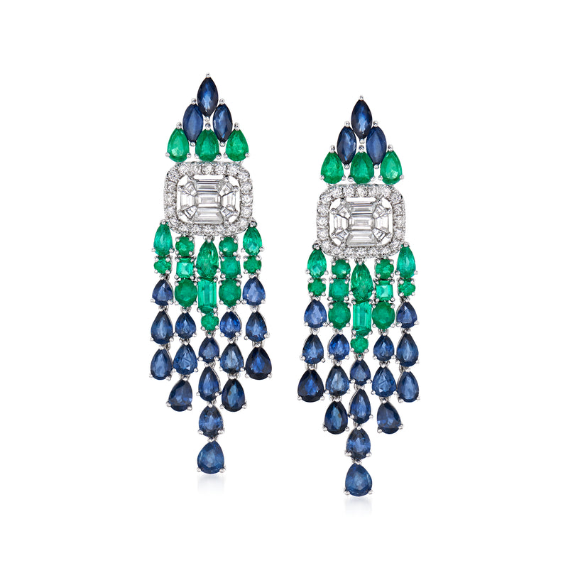 White gold chandelier drop earrings with emerald-green and sapphire-blue gemstones, diamond accents