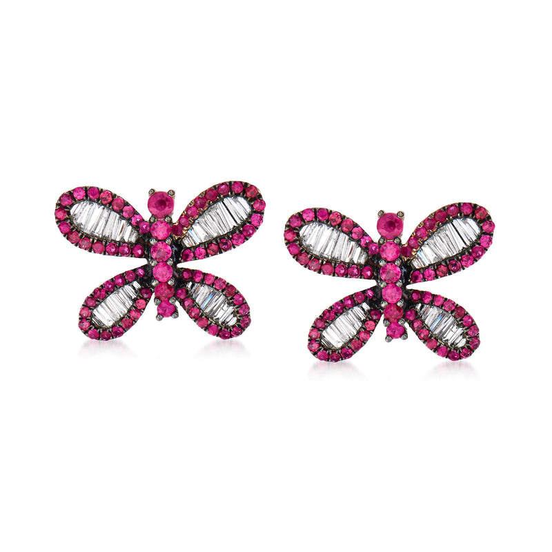 18k white gold ruby and diamond butterfly stud earrings, pink stones with white accents