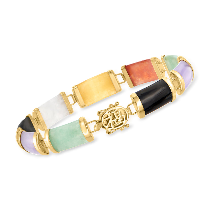 14kt yellow gold jade bracelet with multicolor rectangular stones and hinged links