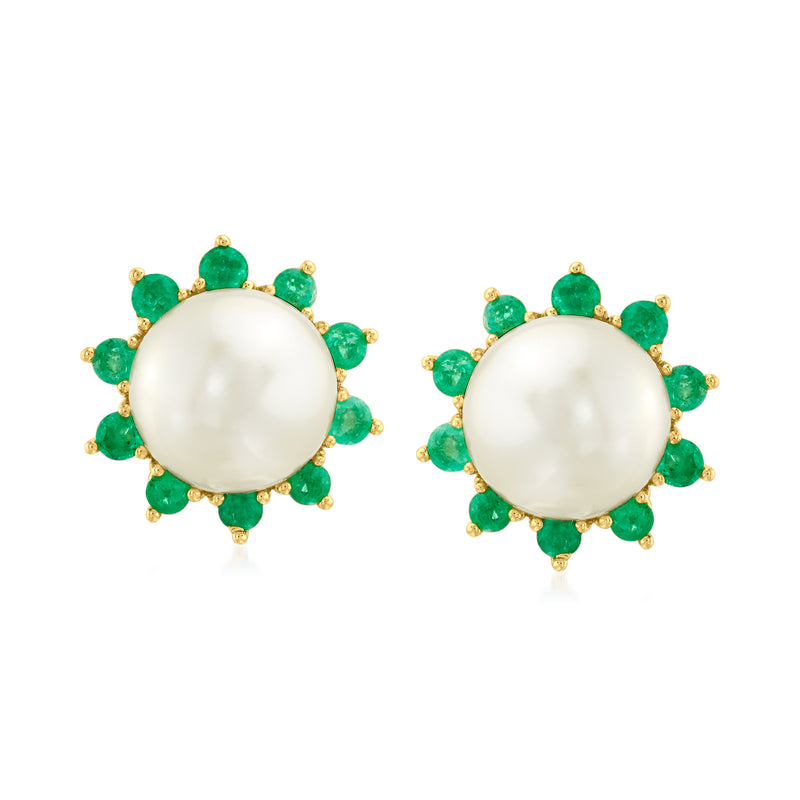 Cultured pearl and emerald cluster stud earrings in gold, round pearl with green gems
