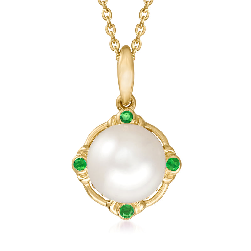 Gold pendant necklace with 8mm white cultured pearl and round emerald green accents