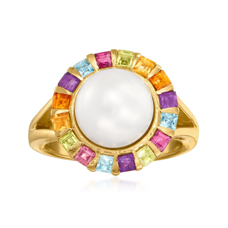 Gold-tone ring with white pearl centerpiece and multicolor square gemstones
