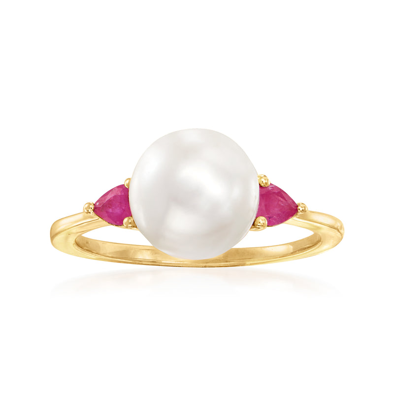 14kt yellow gold ring with large white pearl and pink ruby side stones