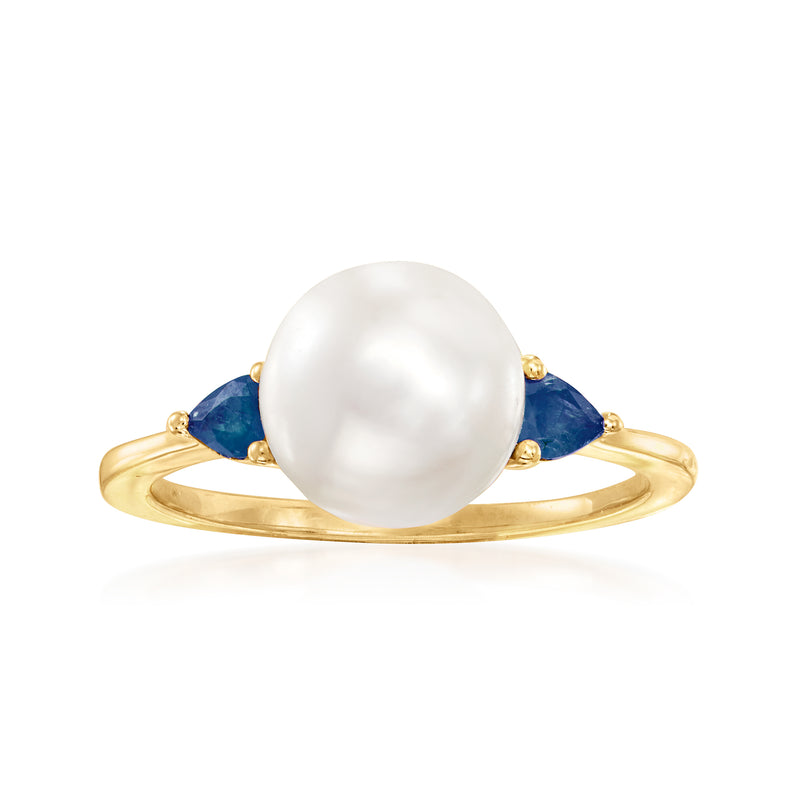Cultured pearl and sapphire ring in 14kt yellow gold, prong-set pearl with blue stones