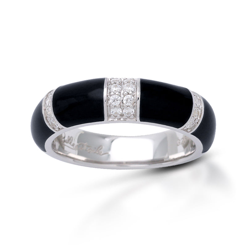 Belle Etoile sterling silver ring with black enamel and square CZ center