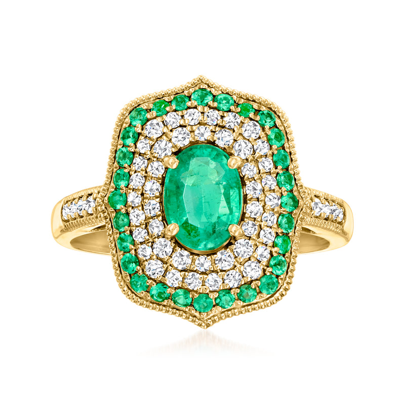 14kt yellow gold emerald and diamond ring, oval emerald center in halo