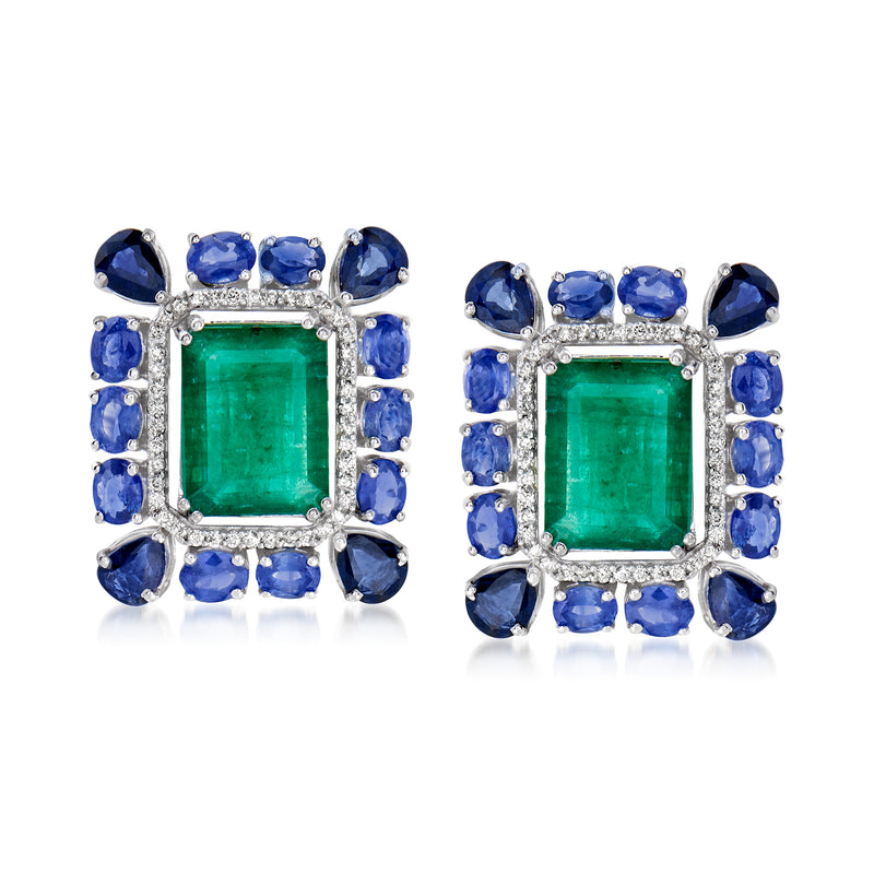 Emerald-cut green square center sapphire halo earrings in white gold with diamond border