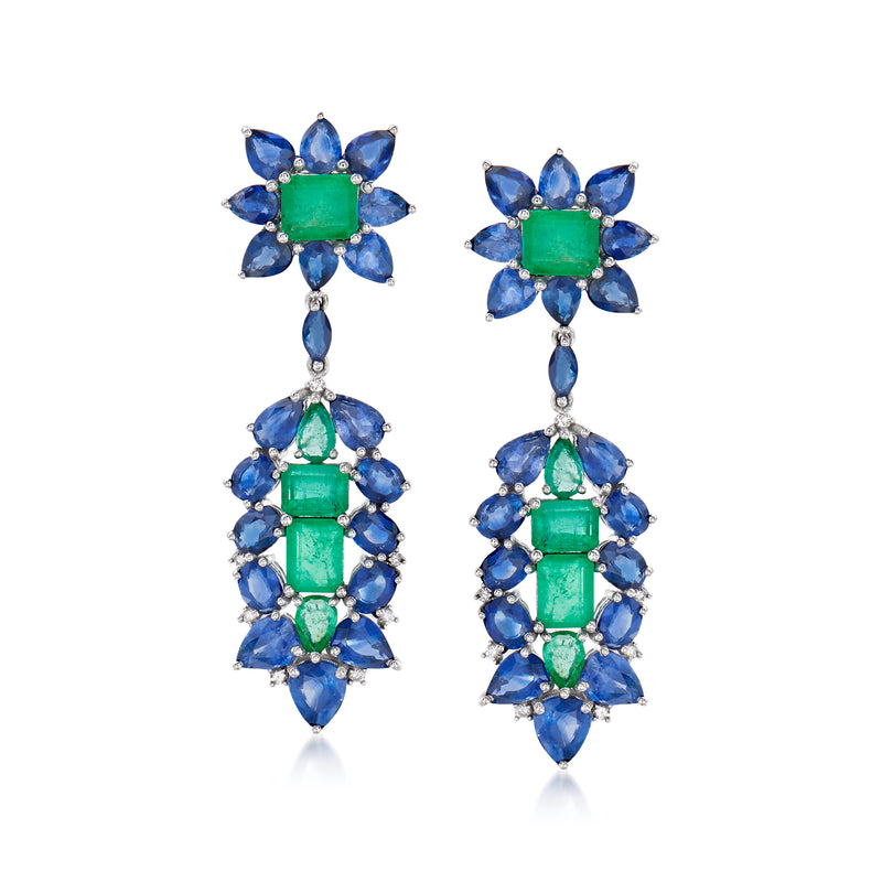 Blue sapphire and green emerald flower drop earrings, 18kt white gold with diamond accents